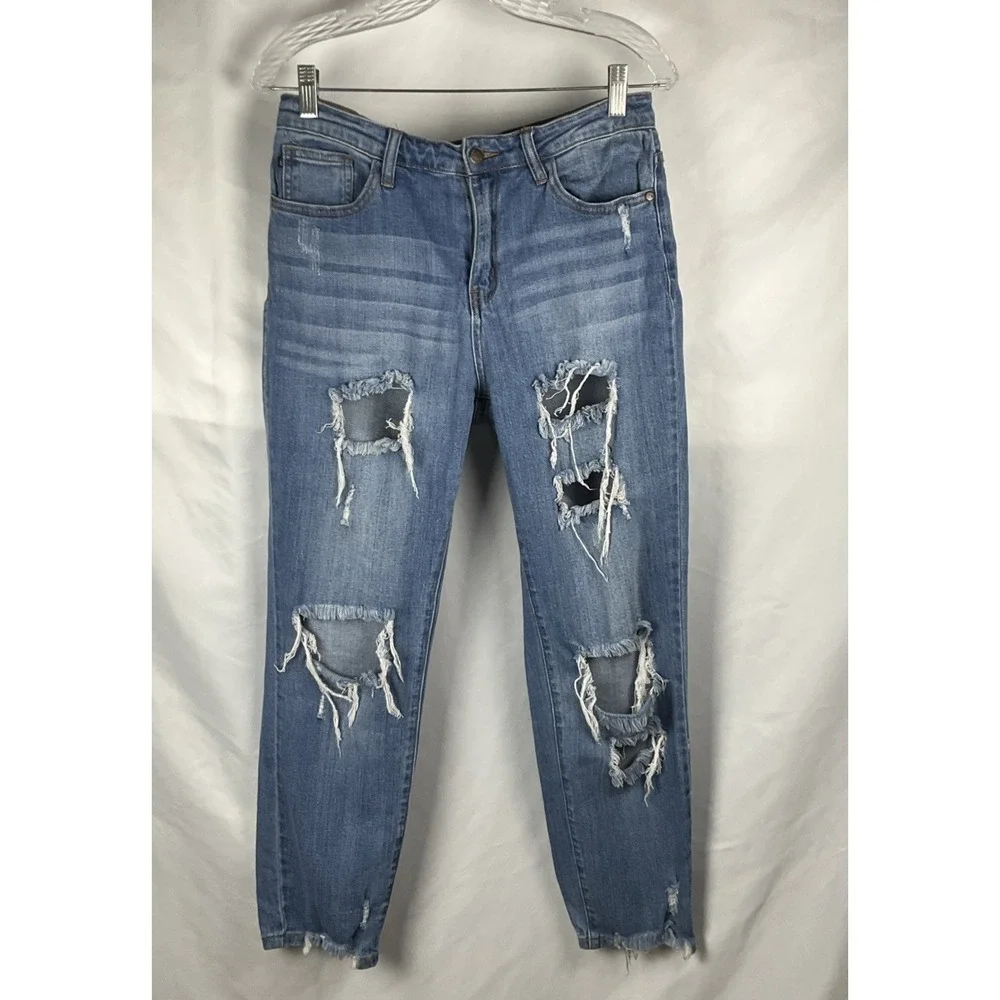 Judy Blue Women's  9/29 Girlfriend Jeans‎ Destroyed  Med Wash Straight 5 Pocket